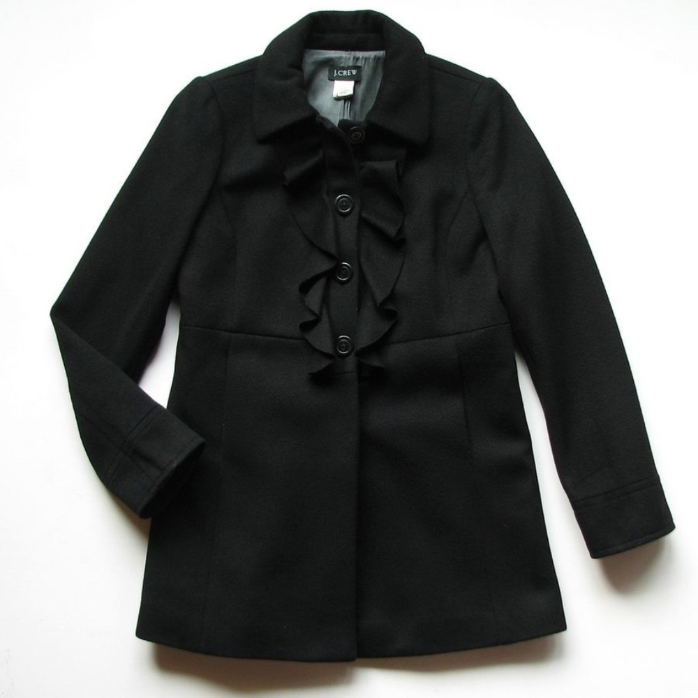 JCREW Size 0 Black Wool Ruffle Front Coat